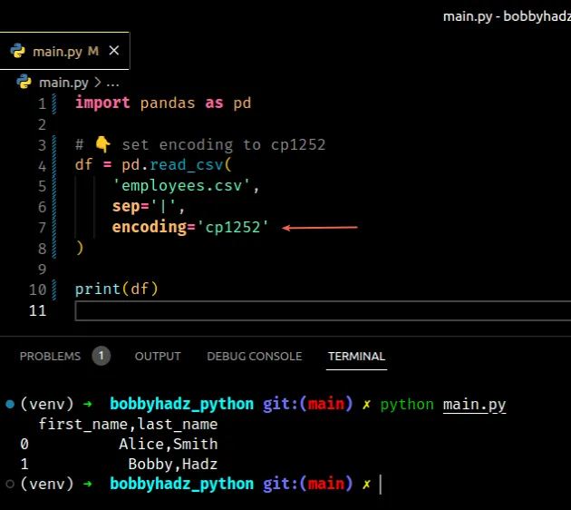 set encoding when reading file with pandas